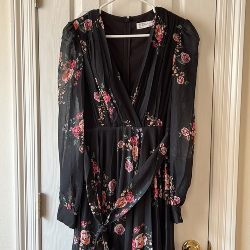 Mac Duggal Belted Floral Print Illusion Long Sleeve Maxi Gown Black Multi Size 6 - Picture 6 of 11